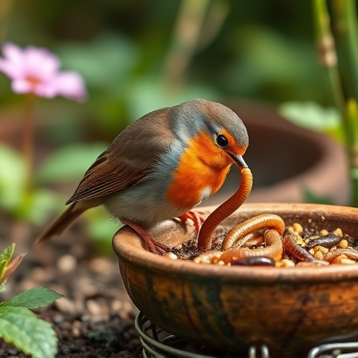 Robin eating mealworms from garden dish