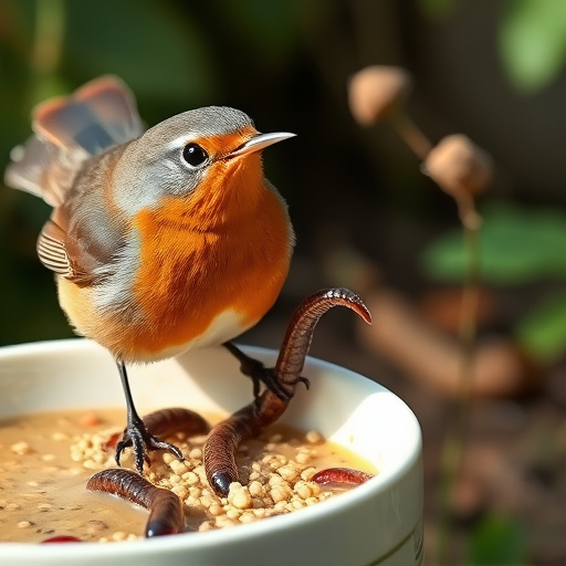 Robin eating mealworms from garden dish
