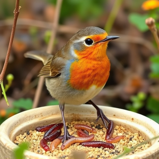 Robin eating mealworms from garden dish