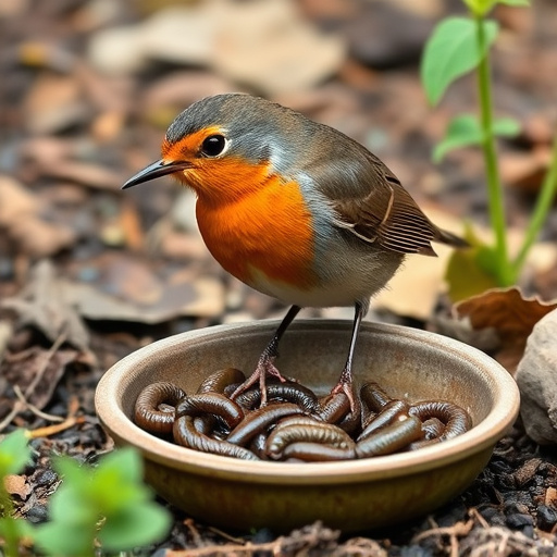 Robin eating mealworms from garden dish