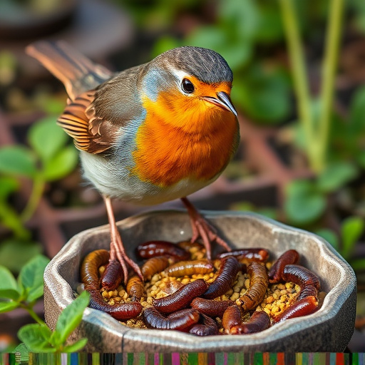 Robin eating mealworms from garden dish