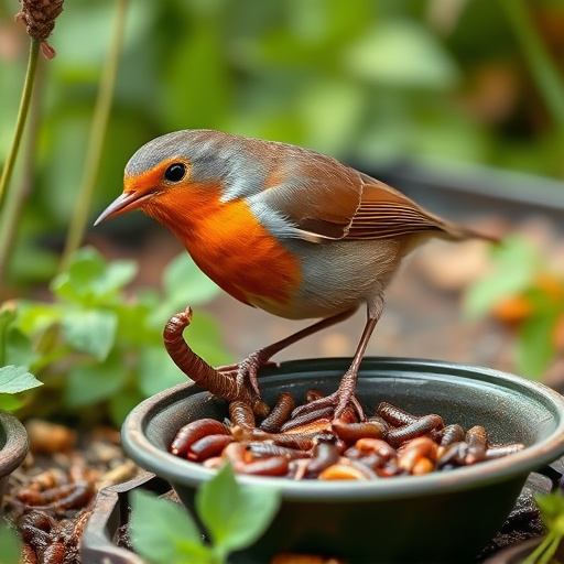 Robin eating mealworms from garden dish