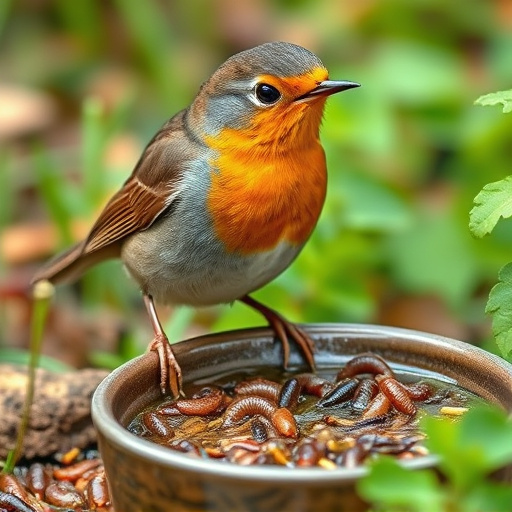 Robin eating mealworms from garden dish