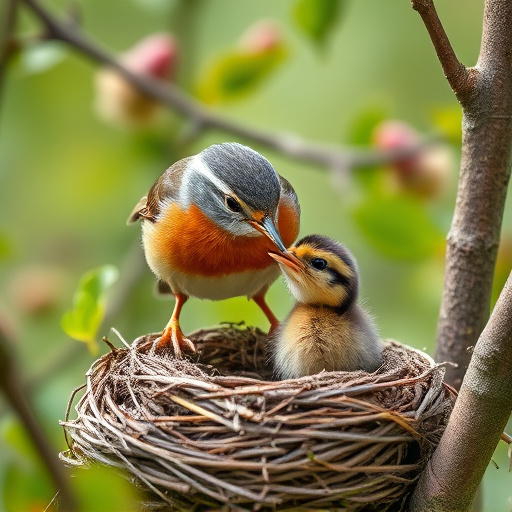 Robin feeding chick in spring nest