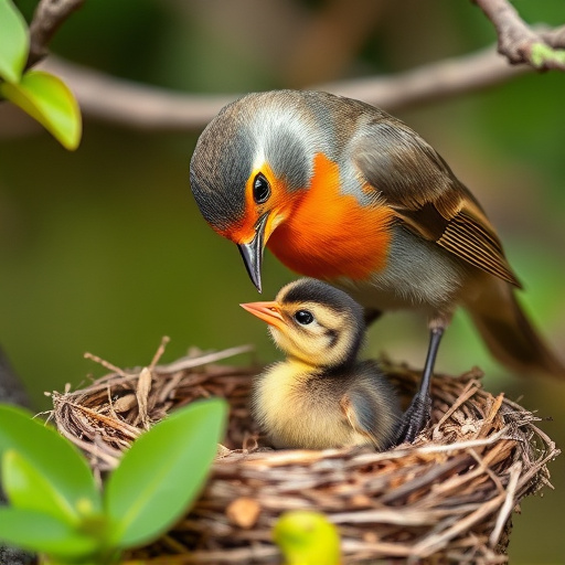 Robin feeding chick in spring nest