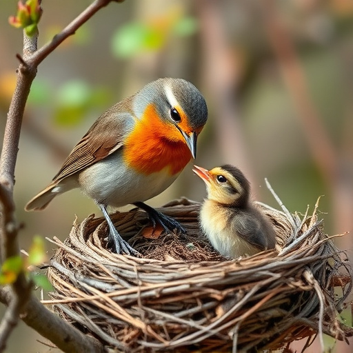 Robin feeding chick in spring nest