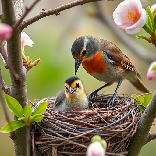 Robin feeding chick in spring nest