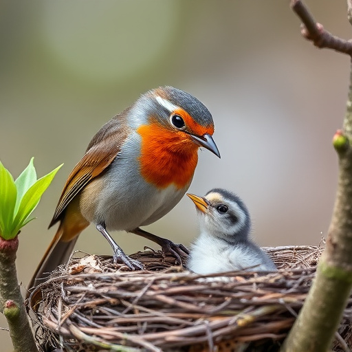 Robin feeding chick in spring nest