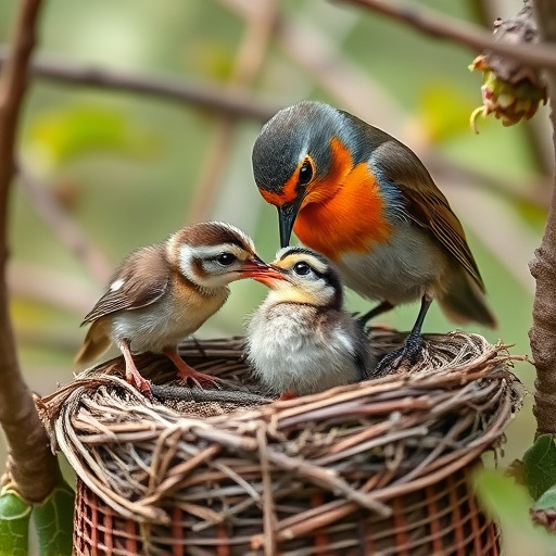 Robin feeding chick in spring nest