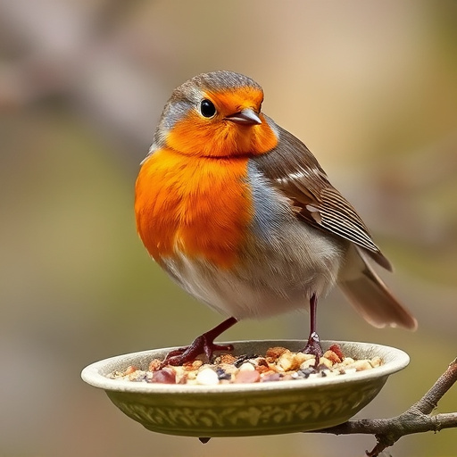 Robin feeding from low dish of suet