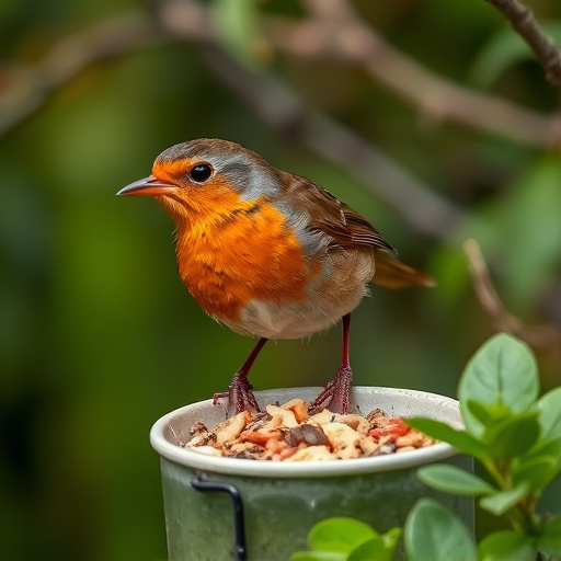 Robin feeding from low dish of suet