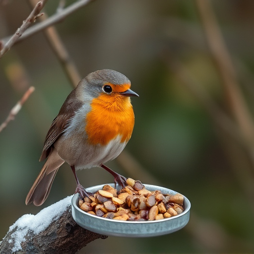 Robin feeding from low dish of suet
