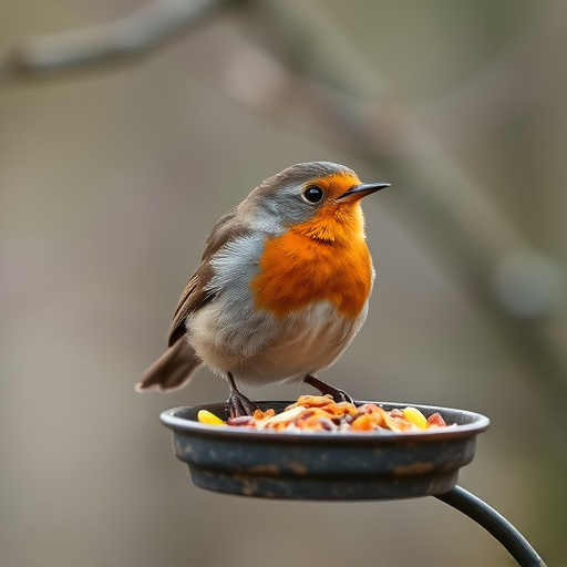 Robin feeding from low dish of suet