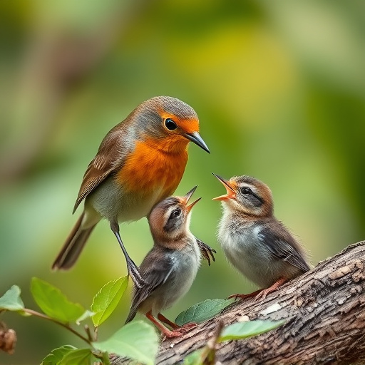 Robin feeding young with insects