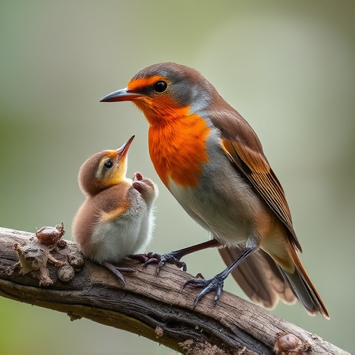 Robin feeding young with insects