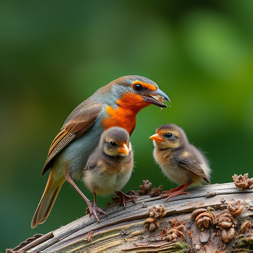 Robin feeding young with insects