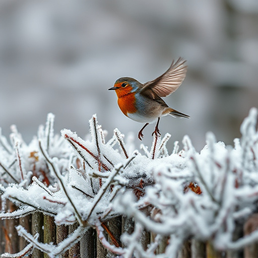 Robin flying across frosty winter hedge