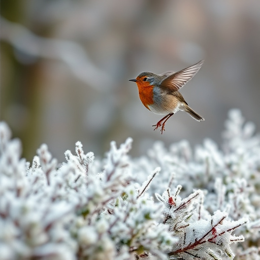 Robin flying across frosty winter hedge