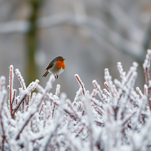Robin flying across frosty winter hedge