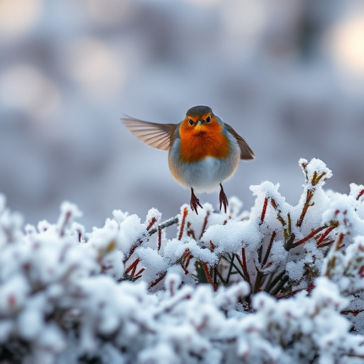 Robin flying across frosty winter hedge