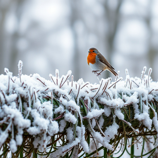 Robin flying across frosty winter hedge