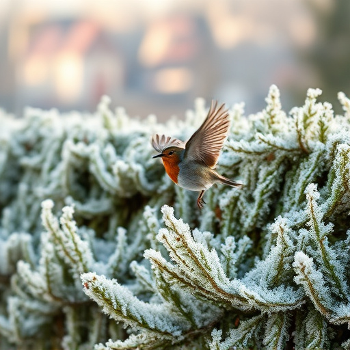 Robin flying across frosty winter hedge