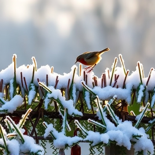 Robin flying across frosty winter hedge