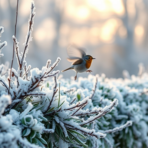 Robin flying across frosty winter hedge