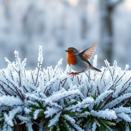 Robin flying across frosty winter hedge