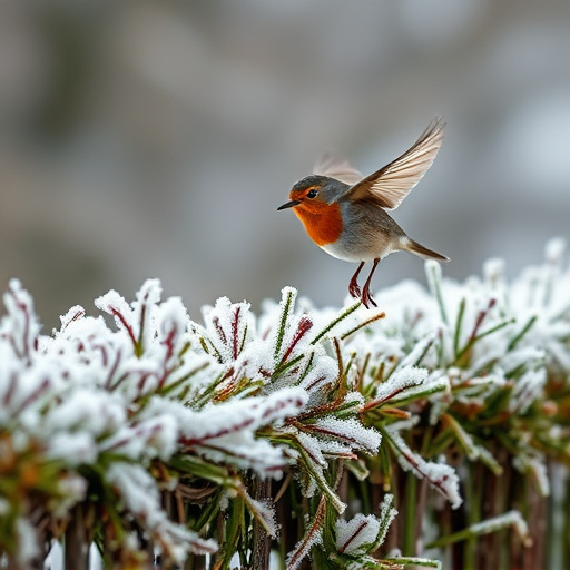 Robin flying across frosty winter hedge