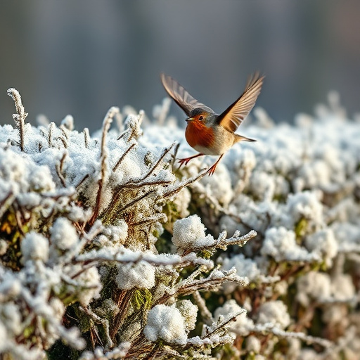 Robin flying across frosty winter hedge