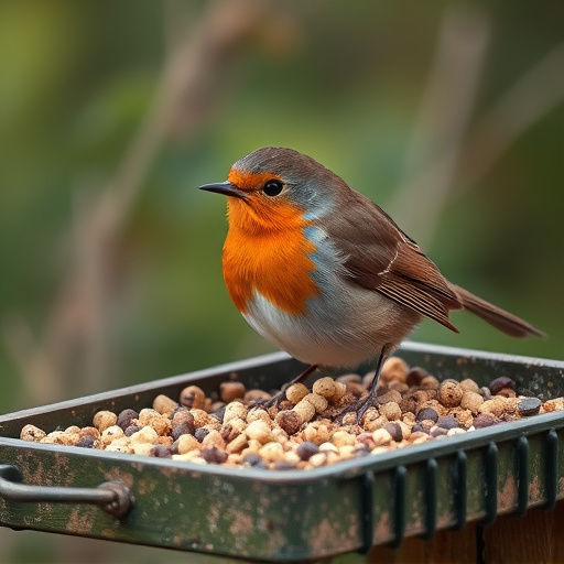 Robin near tray of suet pellets