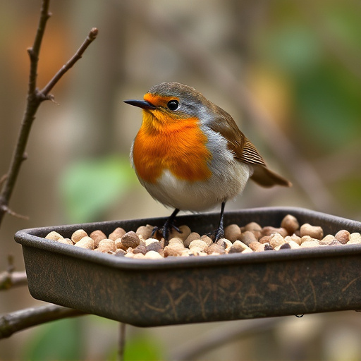 Robin near tray of suet pellets