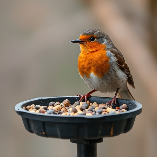 Robin near tray of suet pellets