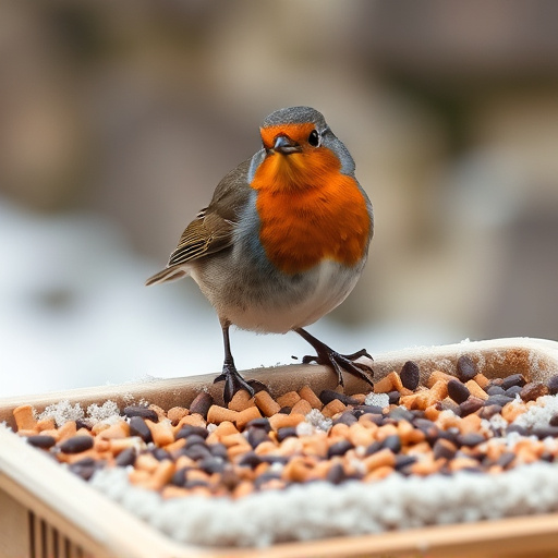 Robin near tray of suet pellets