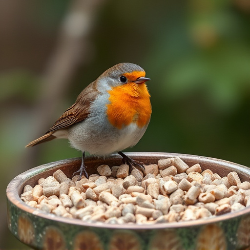 Robin near tray of suet pellets