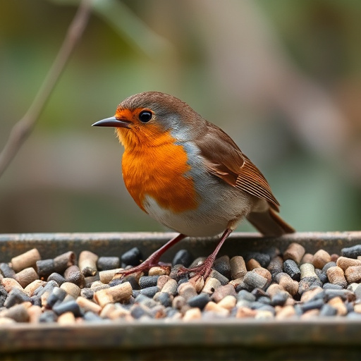 Robin near tray of suet pellets