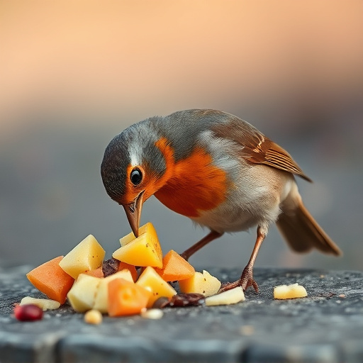 Robin nibbling on chopped fruit pieces