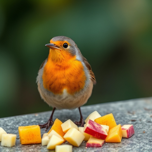 Robin nibbling on chopped fruit pieces