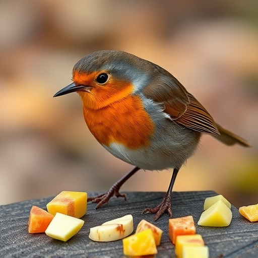 Robin nibbling on chopped fruit pieces