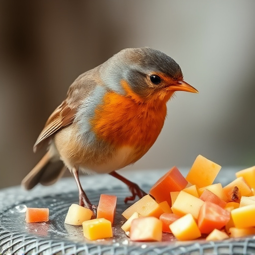 Robin nibbling on chopped fruit pieces