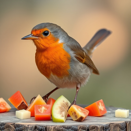 Robin nibbling on chopped fruit pieces