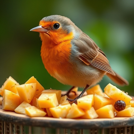 Robin nibbling on chopped fruit pieces