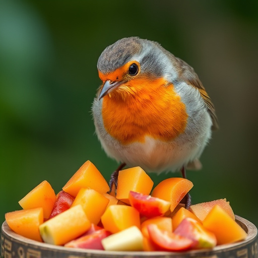 Robin nibbling on chopped fruit pieces