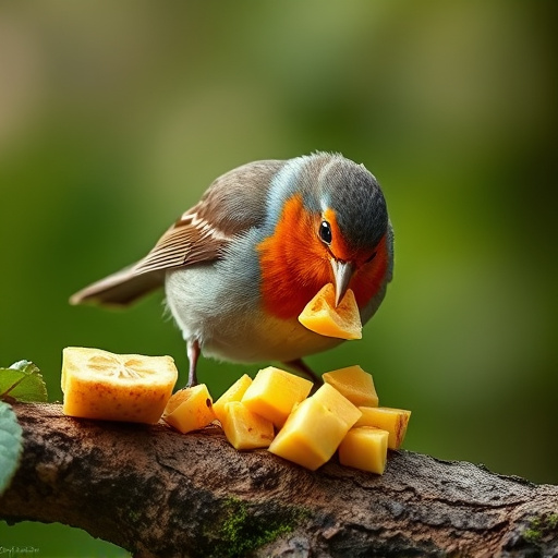 Robin nibbling on chopped fruit pieces