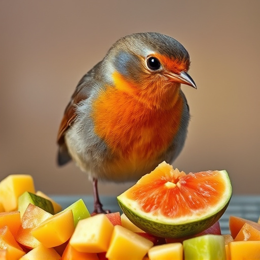 Robin nibbling on chopped fruit pieces