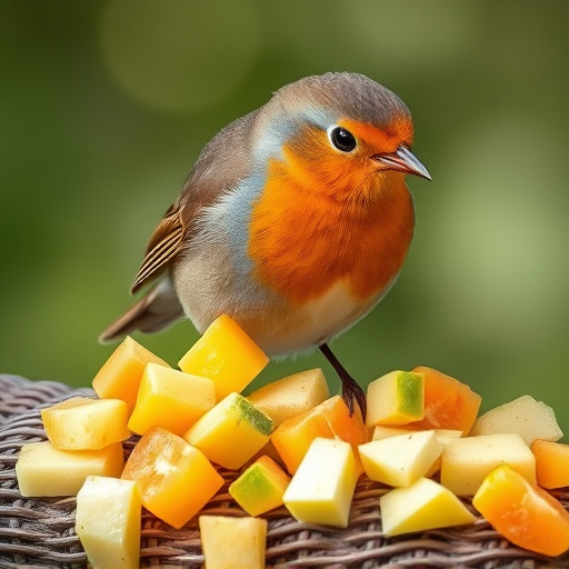 Robin nibbling on chopped fruit pieces