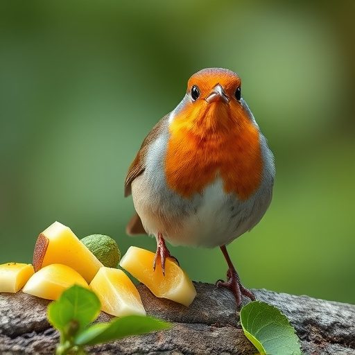 Robin nibbling on chopped fruit pieces
