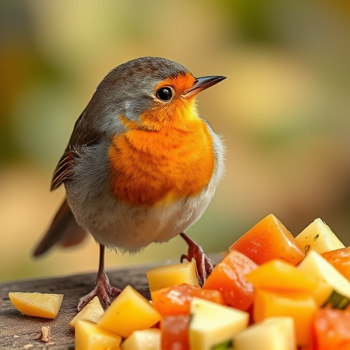 Robin nibbling on chopped fruit pieces