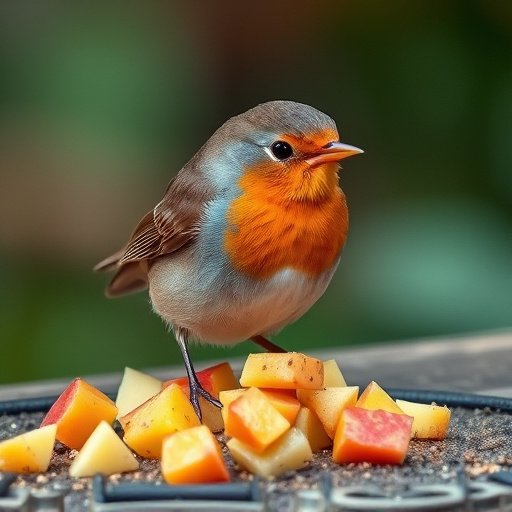 Robin nibbling on chopped fruit pieces